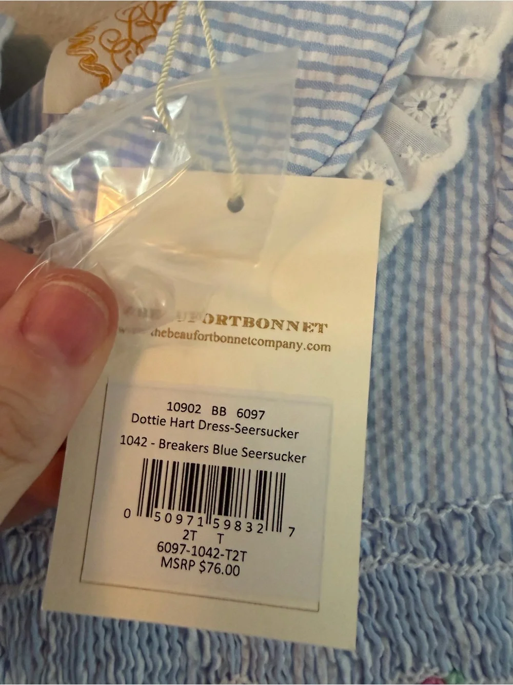 The Beaufort Bonnet Company Blue Seersucker Floral Smocked Dress